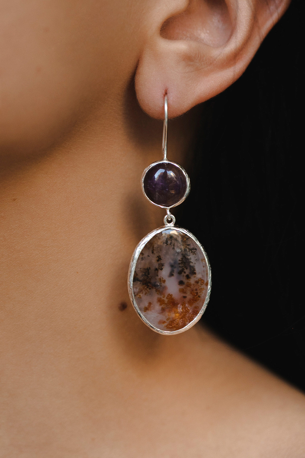 Серьги с аметистом, моховым агатом и клинохлором