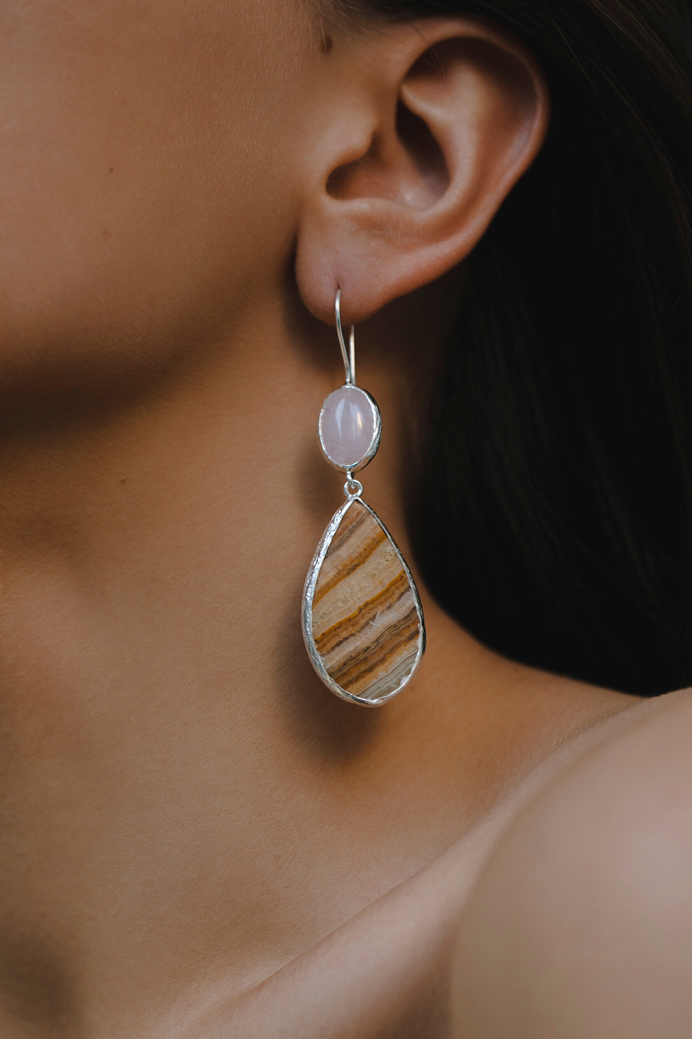 Серьги с розовым кварцем и агатом