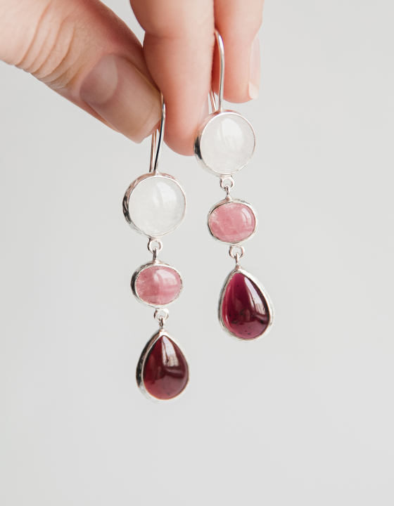 Серьги с горным хрусталем, турмалином и гранатом
