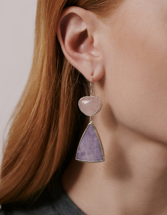 Серьги Сердце с розовым кварцем и лепидолитом