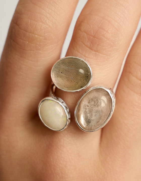 Кольцо с лепидолитом, лабрадоритом и эфиопским опалом