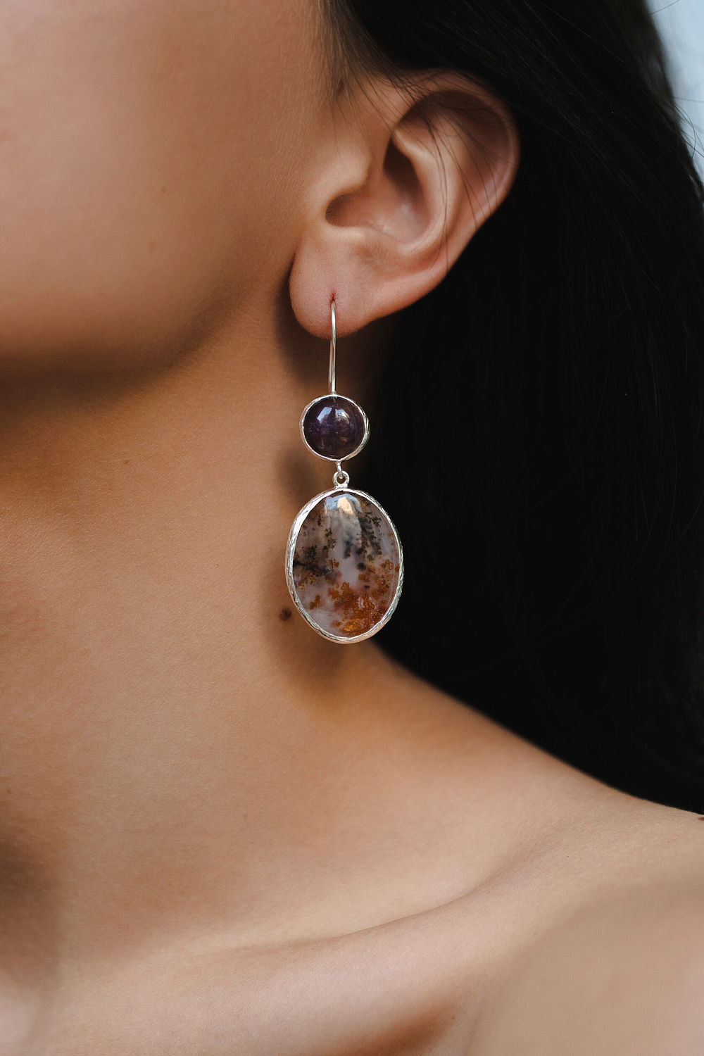Серьги с аметистом, моховым агатом и клинохлором