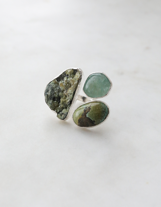 Кольцо с халцедоном, аквамарином и бирюзой