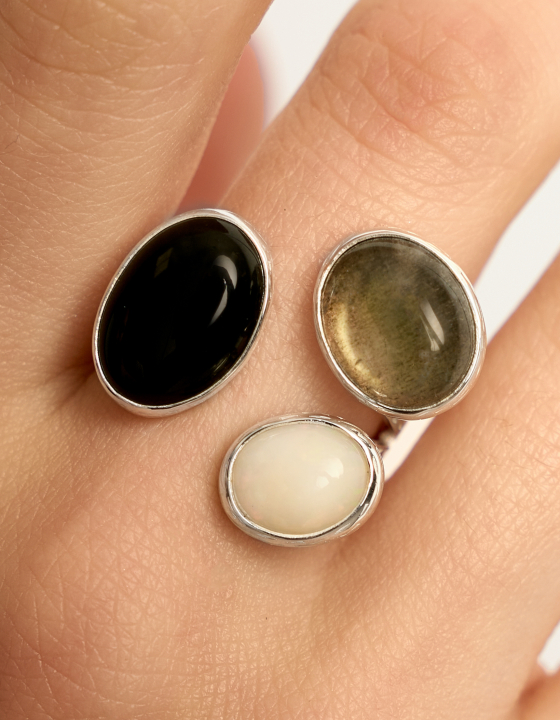 Кольцо с черным агатом, лабрадоритом и эфиопским опалом