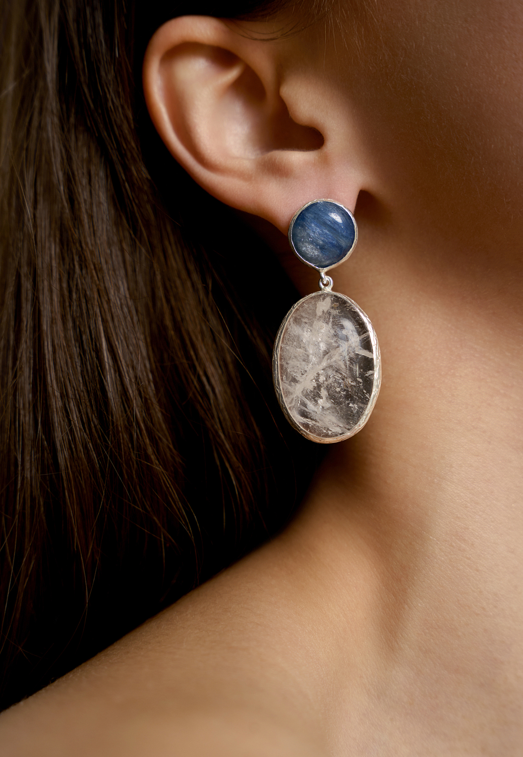 Серьги с горным хрусталем и кианитом