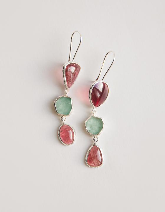 Серьги с гранатом, аквамарином и турмалином