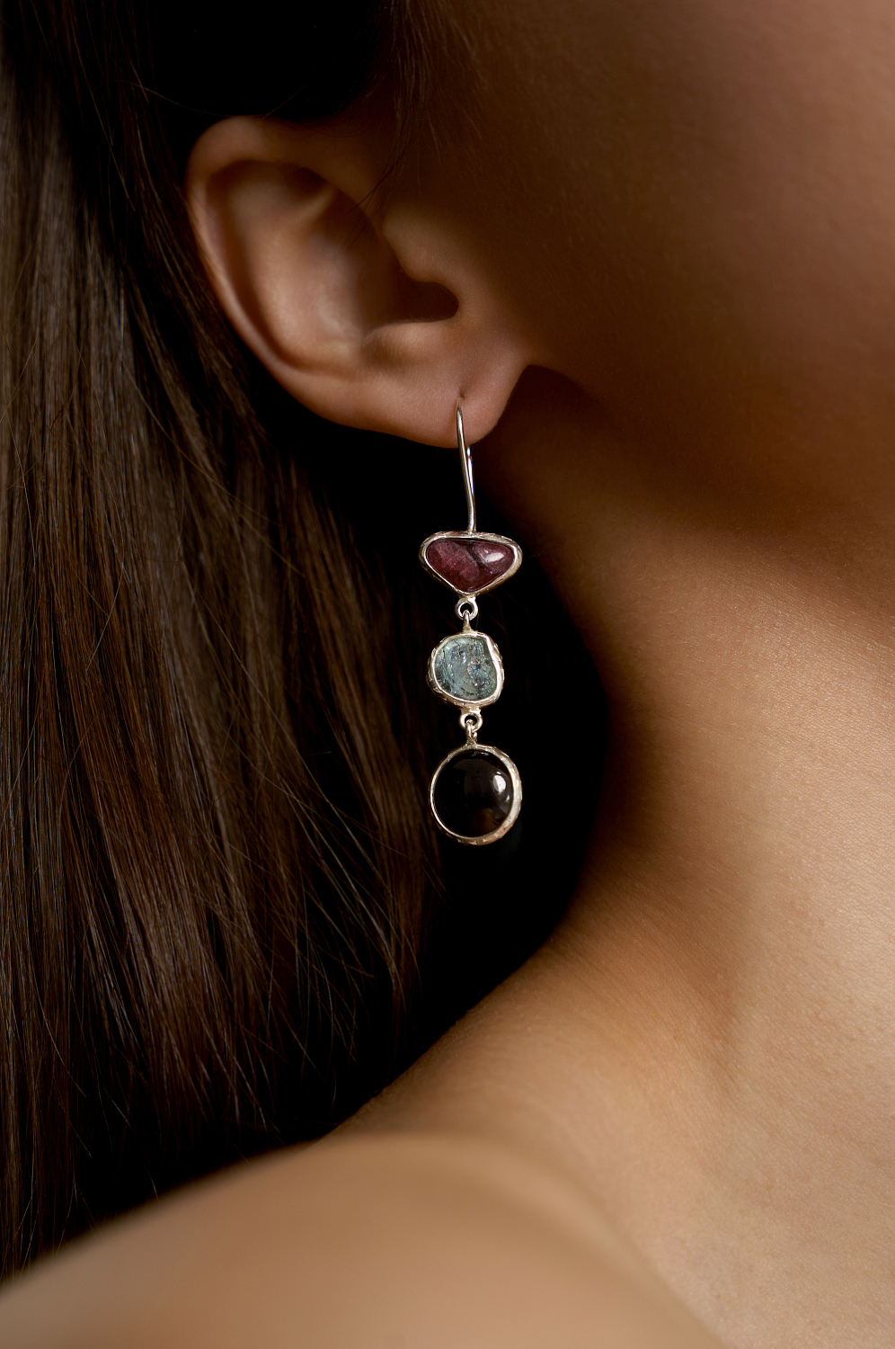 Серьги с турмалином, аквамарином и гранатом