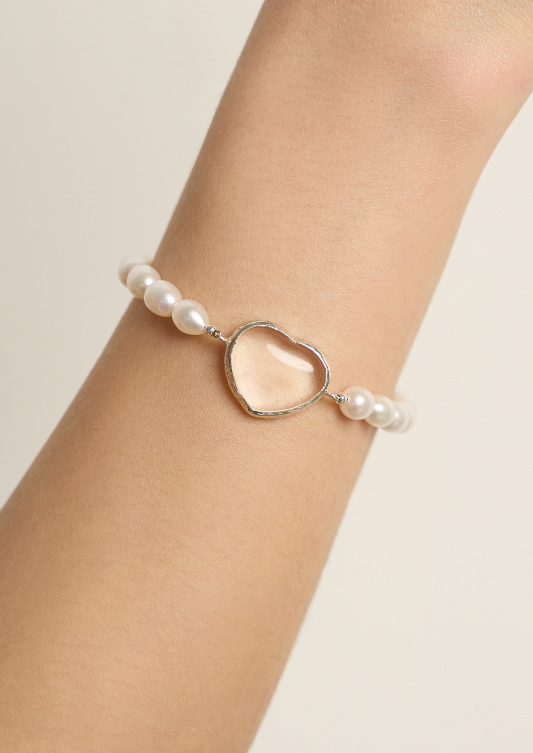 Браслет Сердце с горным хрусталем и жемчугом